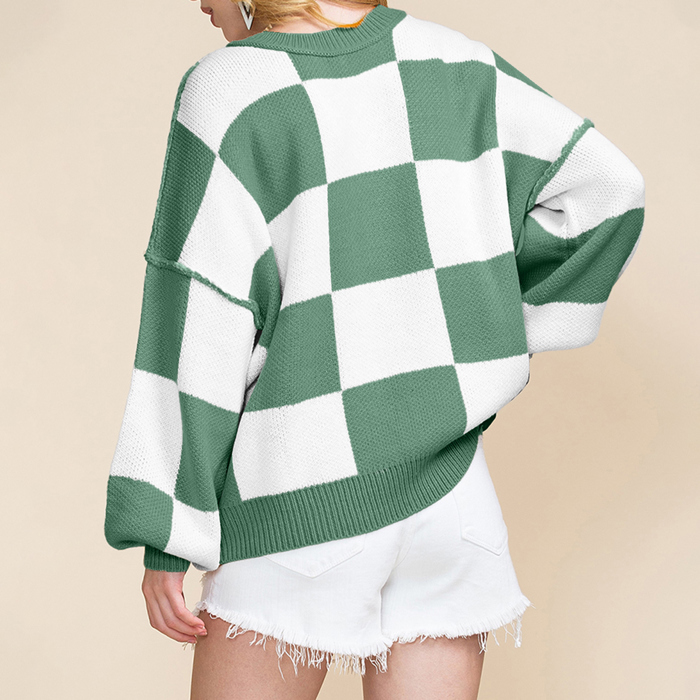 Long Sleeve Checkered Bishop Sleeve Sweater for women