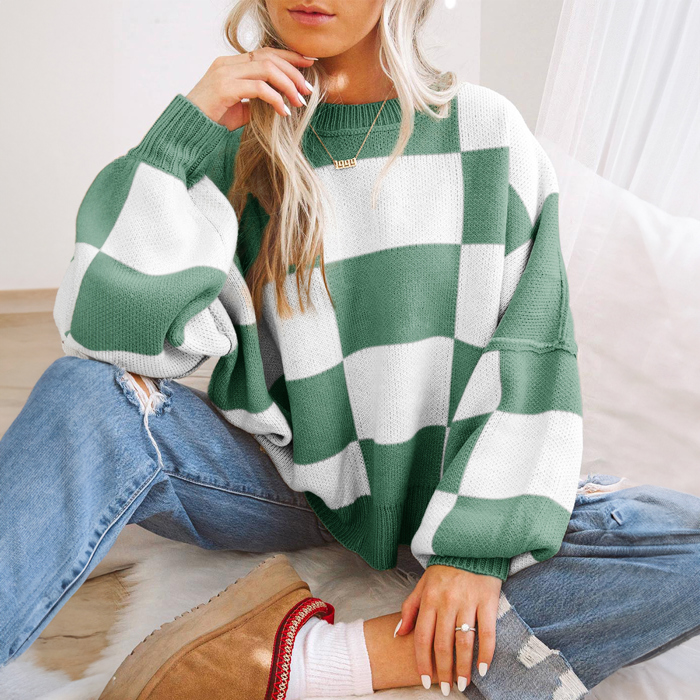 Long Sleeve Checkered Bishop Sleeve Sweater for women