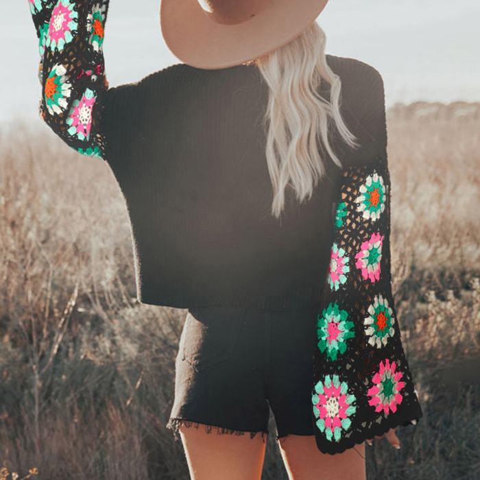 Black Floral Crochet Bell Sleeve Loose Sweater