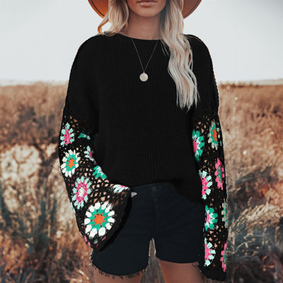 Black Floral Crochet Bell Sleeve Loose Sweater