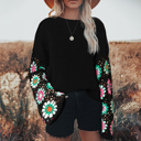  Black Floral Crochet Bell Sleeve Loose Sweater