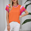  Bright Pink Contrast Flutter Sleeves Knitted Sweater T Shirt