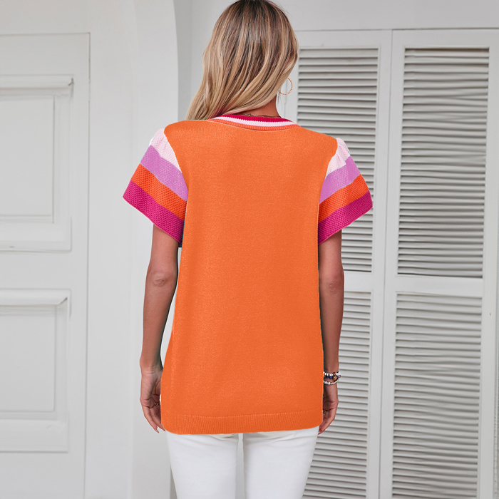 Bright Pink Contrast Flutter Sleeves Knitted Sweater T Shirt