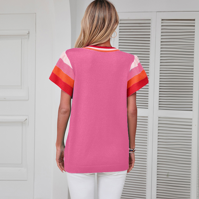 Bright Pink Contrast Flutter Sleeves Knitted Sweater T Shirt