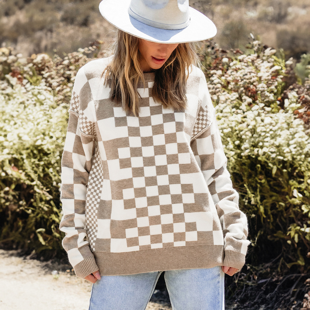 Khaki Checkered Print Drop Shoulder Round Neck Sweater