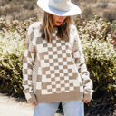  Khaki Checkered Print Drop Shoulder Round Neck Sweater