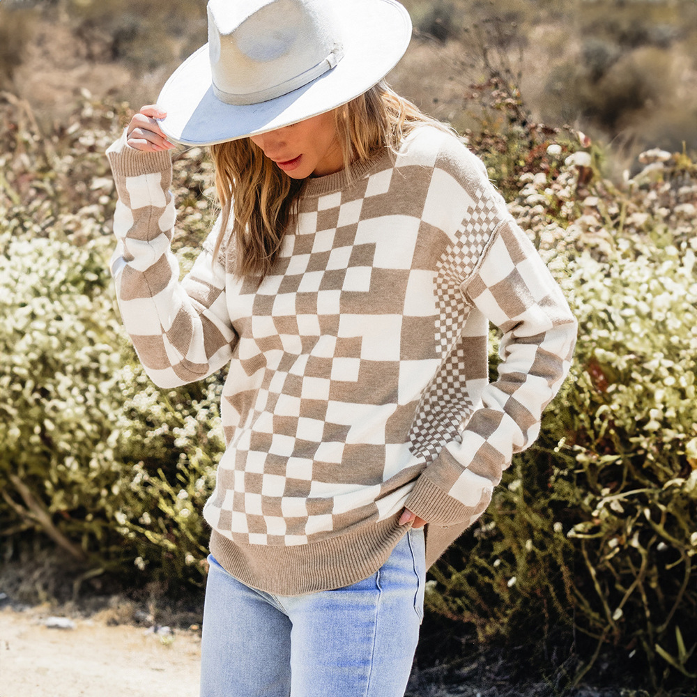 Khaki Checkered Print Drop Shoulder Round Neck Sweater