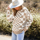 Small Khaki Checkered Print Drop Shoulder Round Neck Sweater