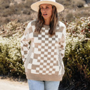 Medium Khaki Checkered Print Drop Shoulder Round Neck Sweater