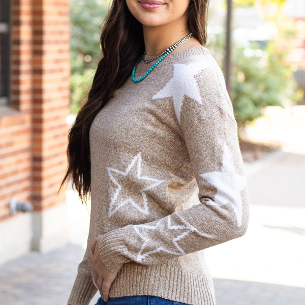 Khaki Star Pattern Drop Shoulder Sweater