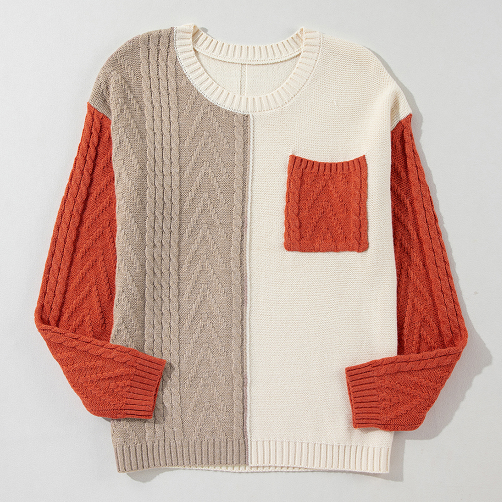 Gold Flame Colorblock Patched Pocket Drop Shoulder Sweater