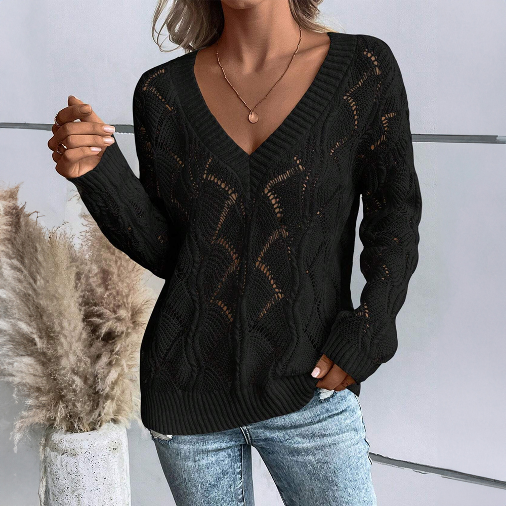 Hollow Out Knit V Neck Drop Shoulder Sweater