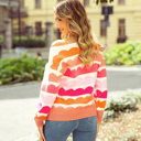  Wave Striped Balloon Sleeve Drop Shoulder Sweater