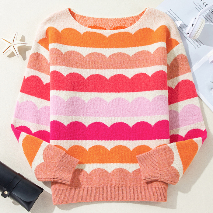 Wave Striped Balloon Sleeve Drop Shoulder Sweater