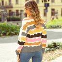  Wave Striped Balloon Sleeve Drop Shoulder Sweater