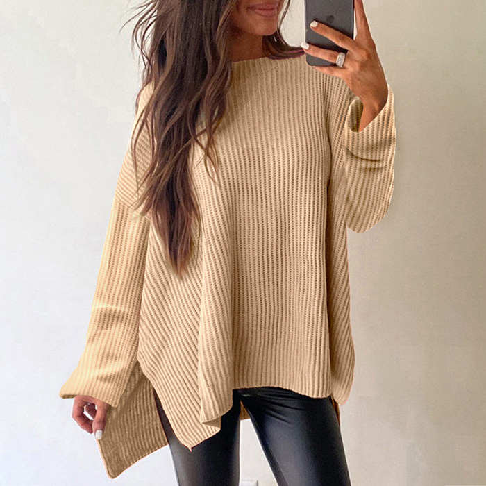 Apricot Cable Knit Drop Shoulder Side Slits Loose Sweater