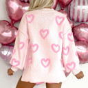  Pink Heart Shape Bubble Sleeve Baggy Sweater