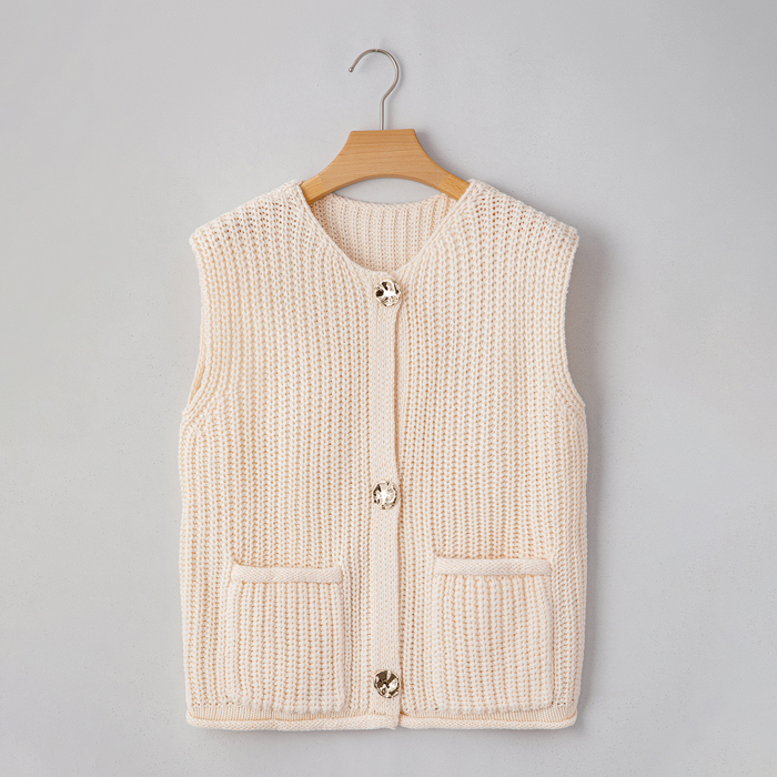 Solid Textured Knit Side Pockets Buttoned Sweater Vest