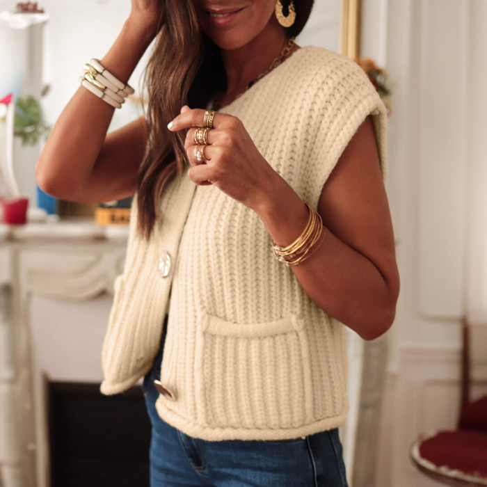 Solid Textured Knit Side Pockets Buttoned Sweater Vest