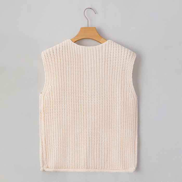 Solid Textured Knit Side Pockets Buttoned Sweater Vest