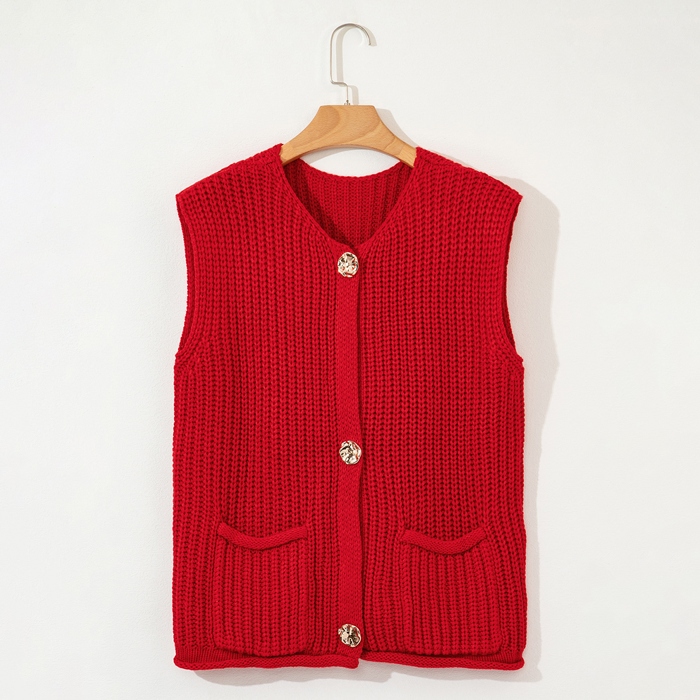 Solid Textured Knit Side Pockets Buttoned Sweater Vest