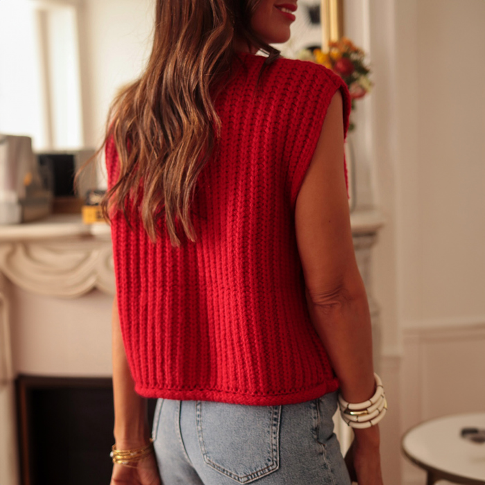 Solid Textured Knit Side Pockets Buttoned Sweater Vest