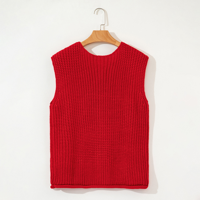 Solid Textured Knit Side Pockets Buttoned Sweater Vest