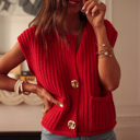  Solid Textured Knit Side Pockets Buttoned Sweater Vest