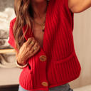  Solid Textured Knit Side Pockets Buttoned Sweater Vest