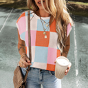  Grapefruit Orange Color Block Cap Sleeve Sweater