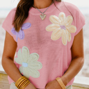  Pink Multi Crochet Flower Knit Short Sleeve Sweater Top