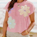  Pink Multi Crochet Flower Knit Short Sleeve Sweater Top