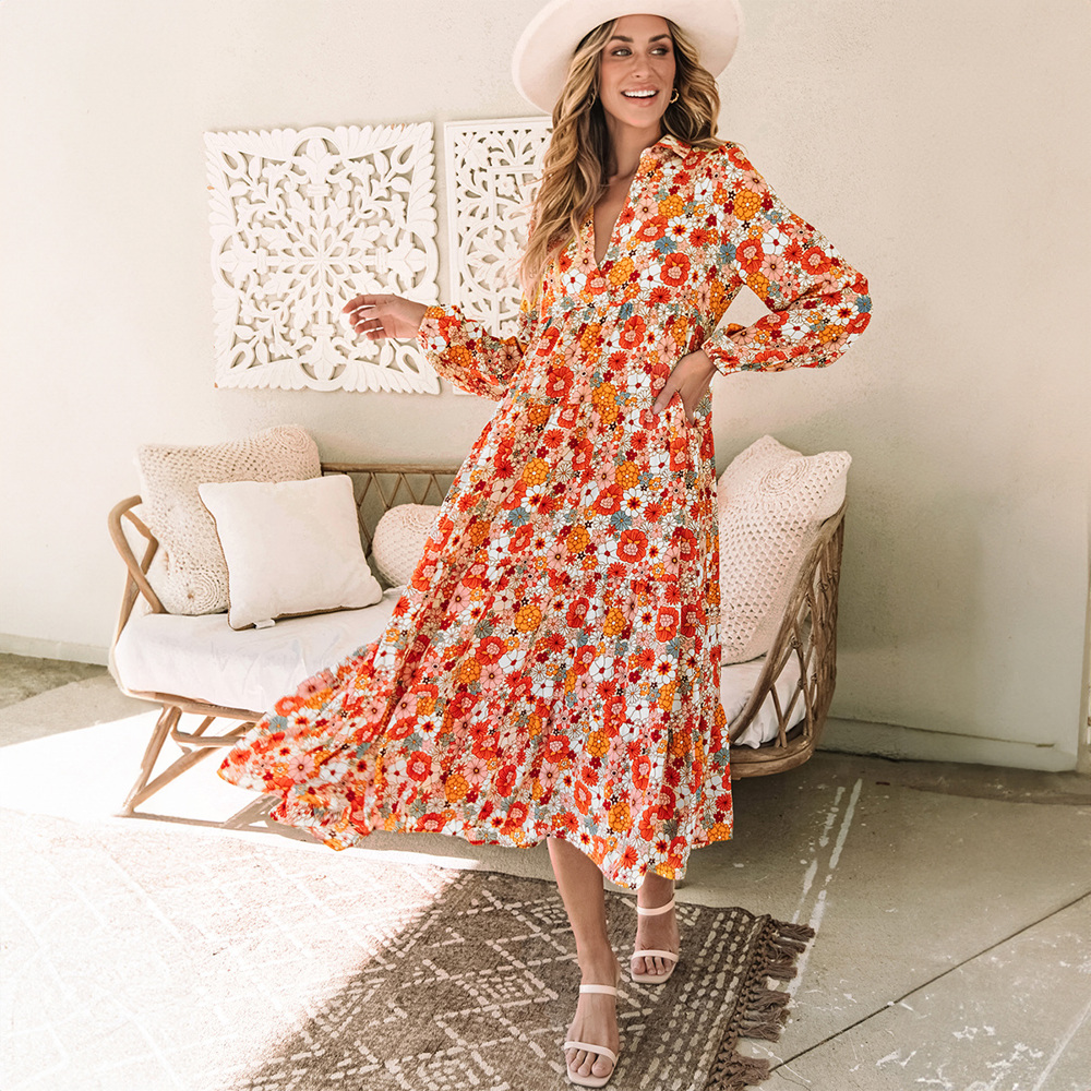 Multicolor Boho Floral Collared Long Sleeve Ruffled Dress