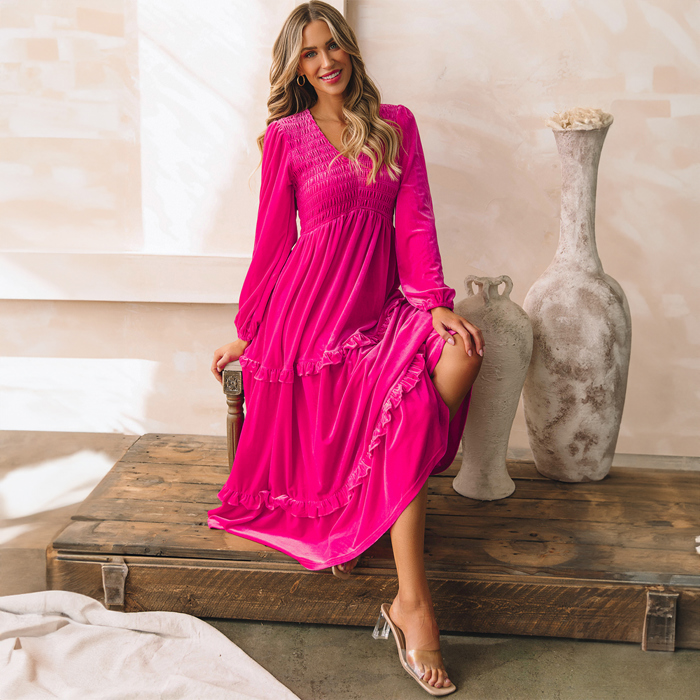 Rose Red Shirred V Neck Long Sleeve Velvet Dress