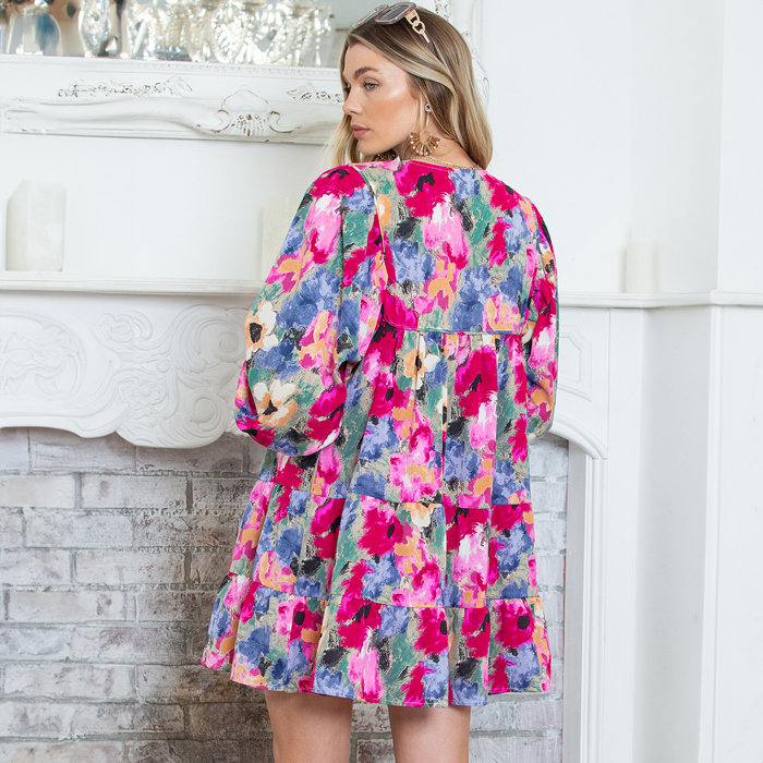 Multicolour Floral Tie Neck Bubble Sleeve Shift Dress