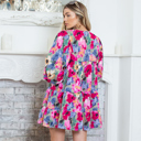  Multicolour Floral Tie Neck Bubble Sleeve Shift Dress