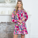  Multicolour Floral Tie Neck Bubble Sleeve Shift Dress