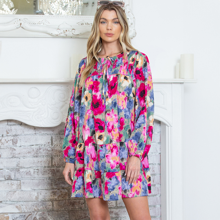 Multicolour Floral Tie Neck Bubble Sleeve Shift Dress