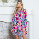  Multicolour Floral Tie Neck Bubble Sleeve Shift Dress