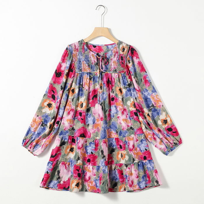 Multicolour Floral Tie Neck Bubble Sleeve Shift Dress