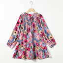  Multicolour Floral Tie Neck Bubble Sleeve Shift Dress