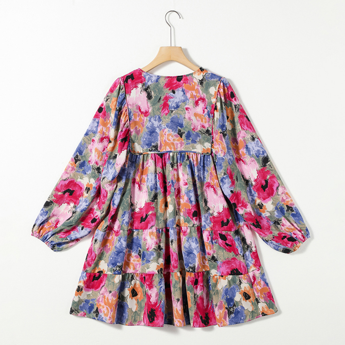 Multicolour Floral Tie Neck Bubble Sleeve Shift Dress