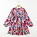  Multicolour Floral Tie Neck Bubble Sleeve Shift Dress