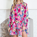  Multicolour Floral Tie Neck Bubble Sleeve Shift Dress