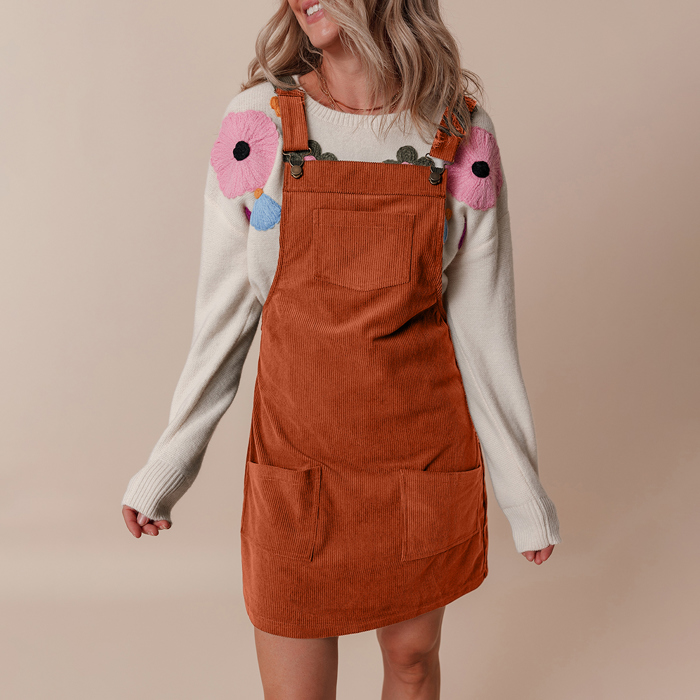 Solid Front Pockets Sleeveless Corduroy Overall Dress