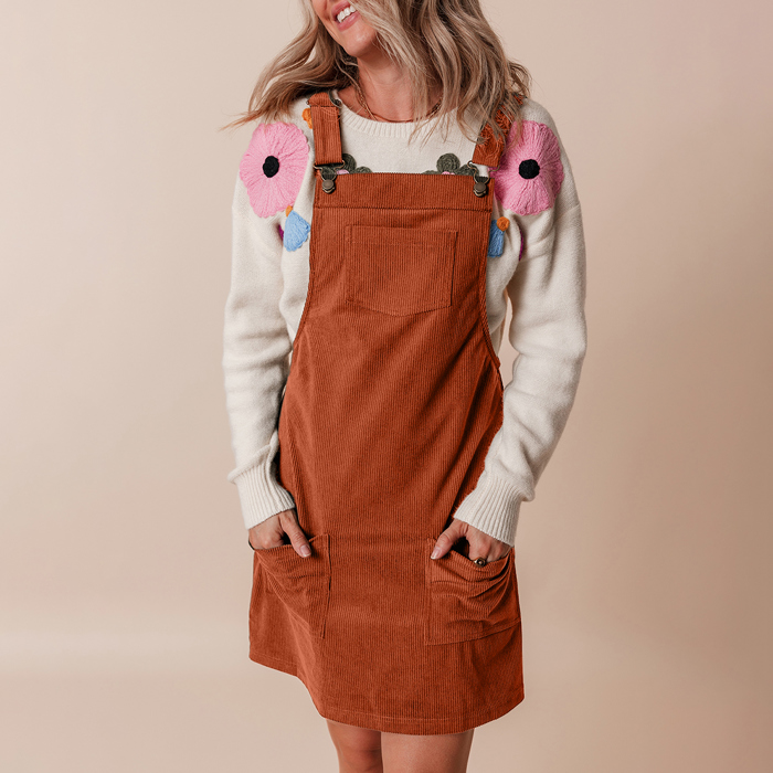 Solid Front Pockets Sleeveless Corduroy Overall Dress