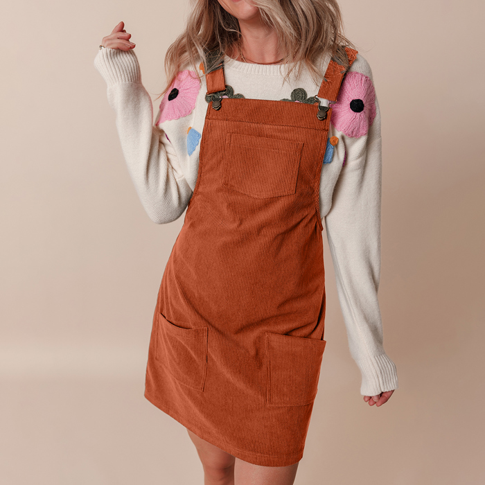 Solid Front Pockets Sleeveless Corduroy Overall Dress