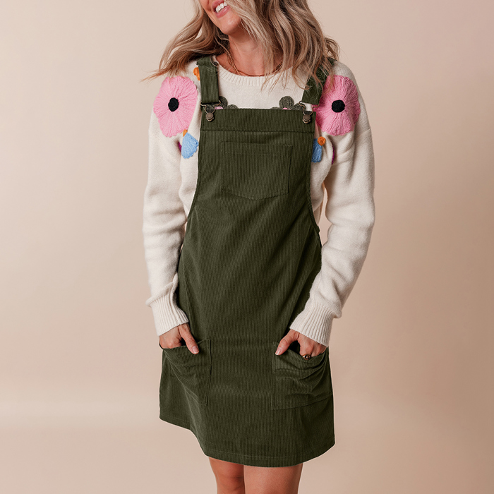 Solid Front Pockets Sleeveless Corduroy Overall Dress