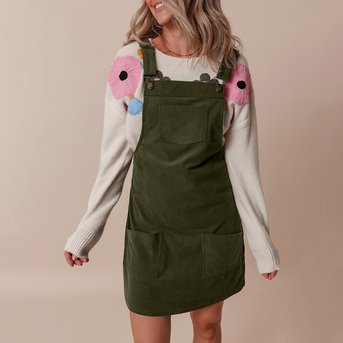 Solid Front Pockets Sleeveless Corduroy Overall Dress