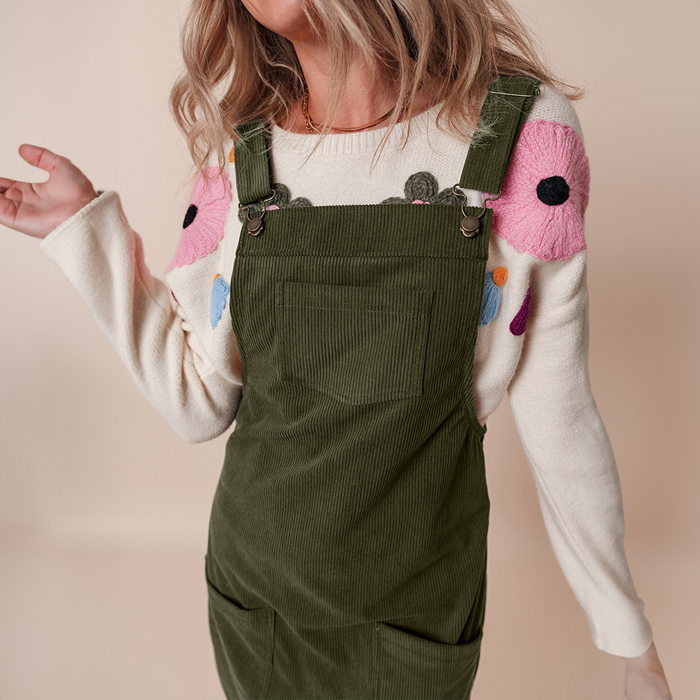 Solid Front Pockets Sleeveless Corduroy Overall Dress